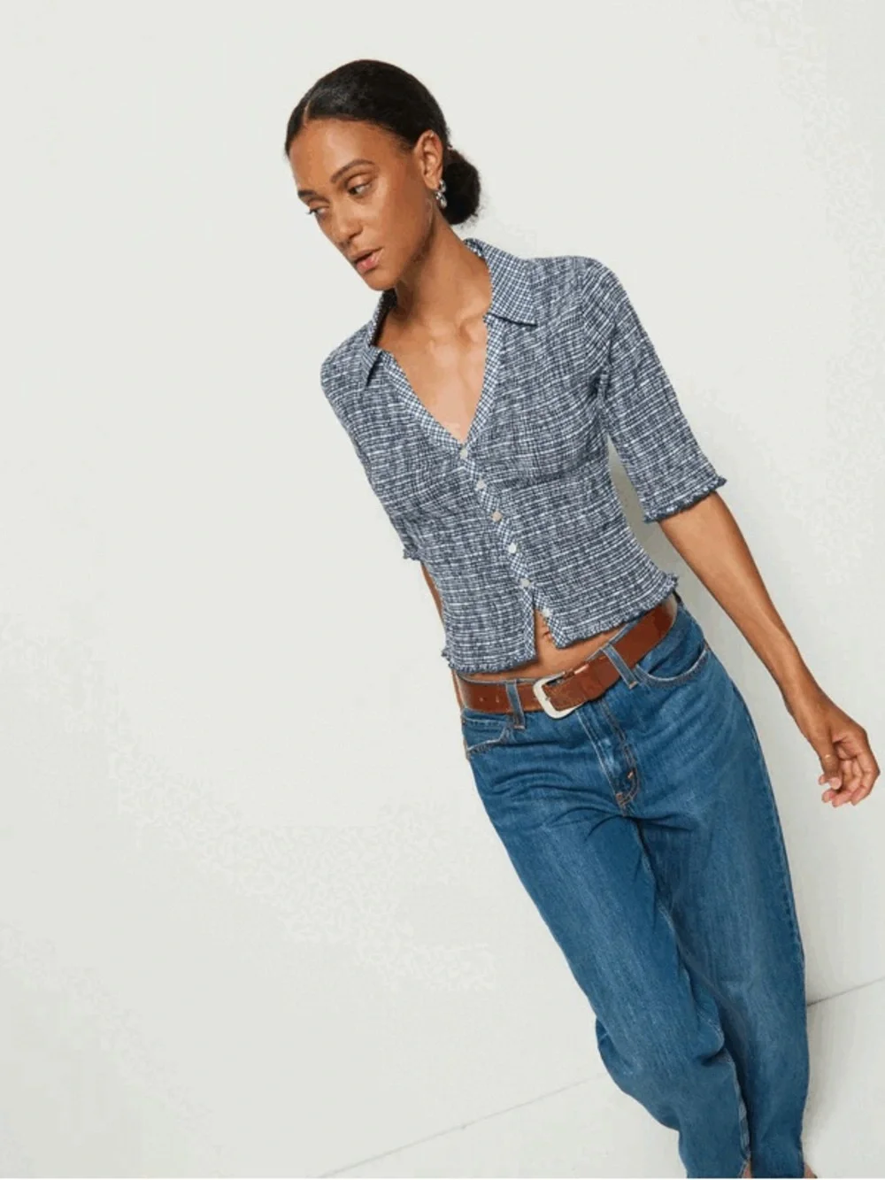 Women's Blue Peggy Nation Smocked Button-Front Top picnic check